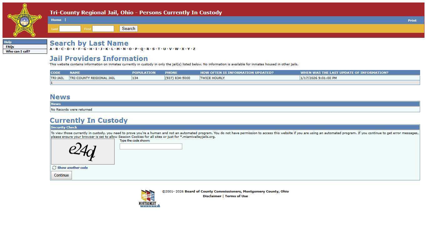 Tri-County Regional Jail, Ohio - Persons Currently In Custody